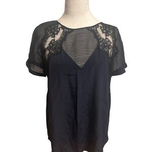 Rebecca Taylor size 8 Navy Blue Silk Lace Sheer dark romantic dressy blouse